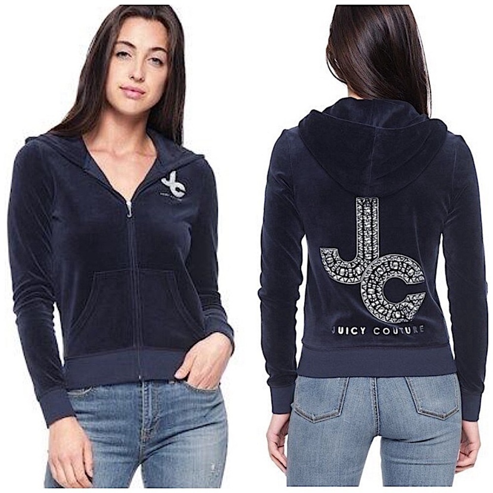 JUICY COUTURE Black Label Velour Luxe Robertson Rhinestone Zip Hoodie Blue